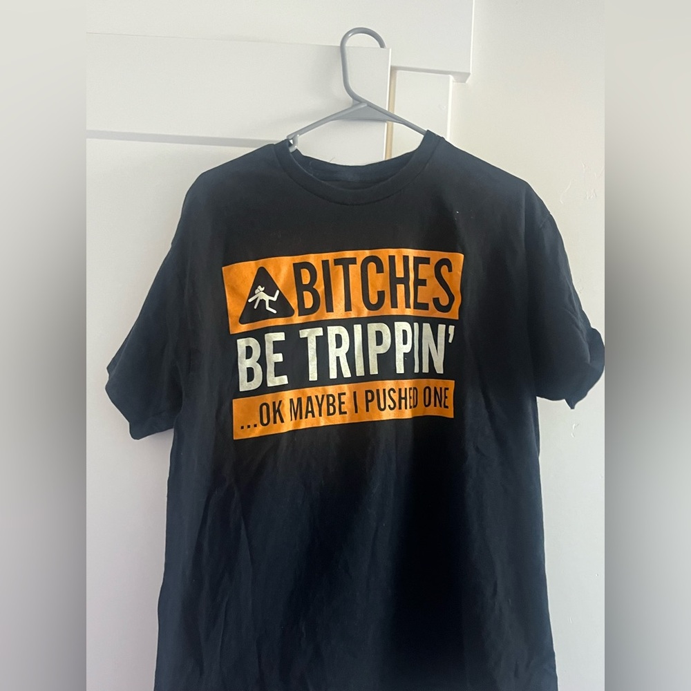 Black Graphic T-Shirt with Orange Text